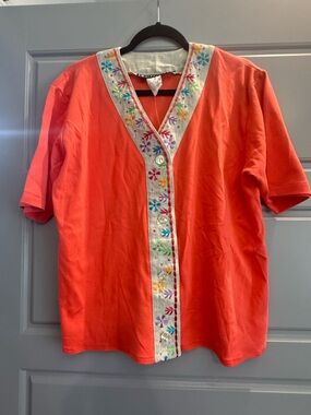 Vintage linen embroidered V-Neck Coral Blouse with Floral Trim